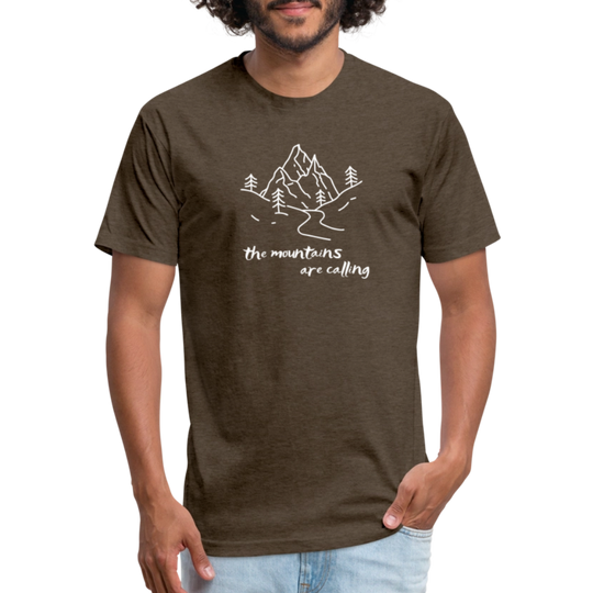heather espresso t-shirt featuring a hand-drawn mountain scene with the phrase "the mountains are calling" in white, perfect for outdoor adventurers and nature lovers

