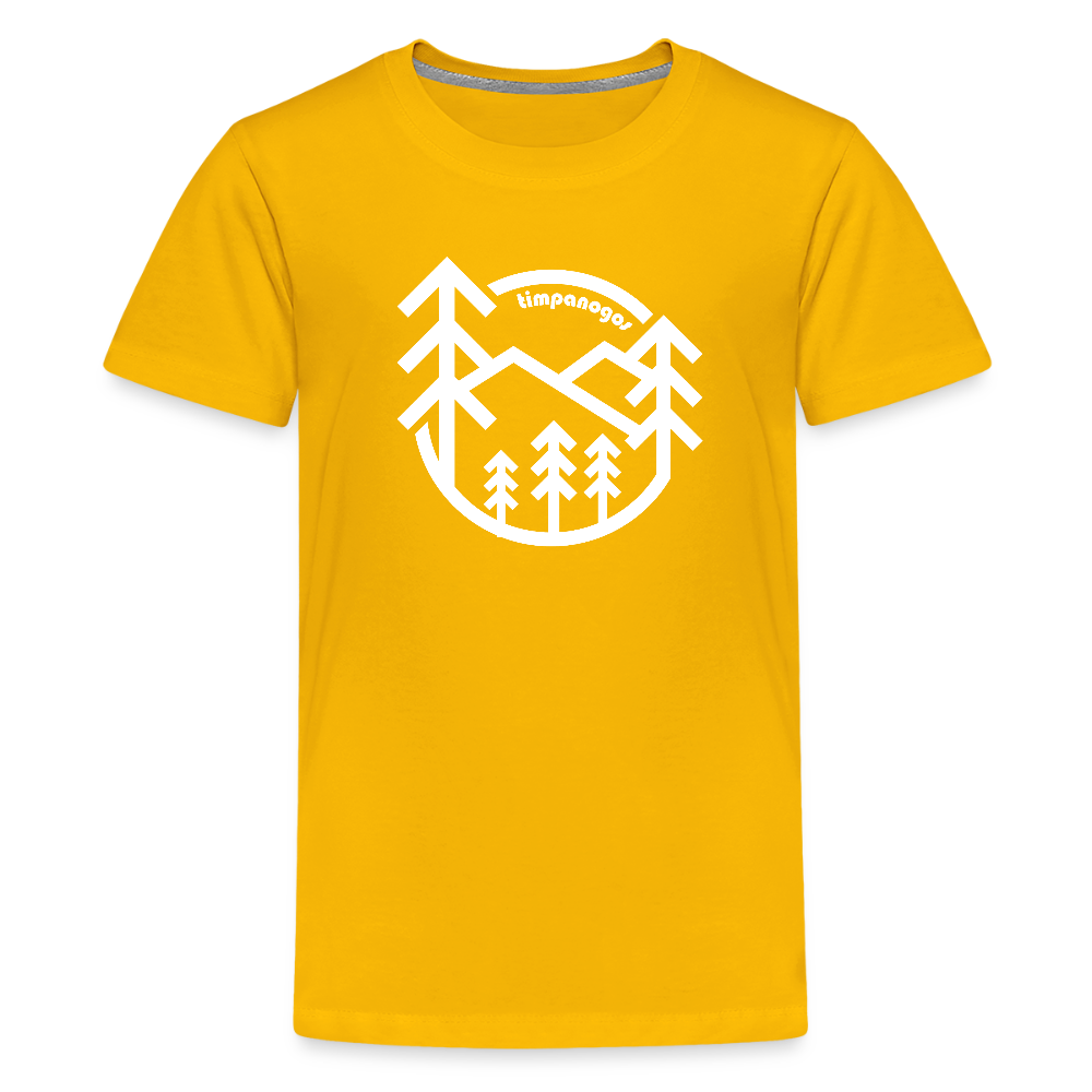 sun yellow youth t-shirt featuring a bold white graphic of pine trees and mountain peaks with the word "Timpanogos" curved at the top. The design is enclosed in a circular frame, creating a clean, outdoorsy look.