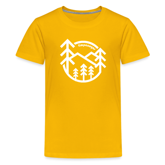 sun yellow youth t-shirt featuring a bold white graphic of pine trees and mountain peaks with the word "Timpanogos" curved at the top. The design is enclosed in a circular frame, creating a clean, outdoorsy look.
