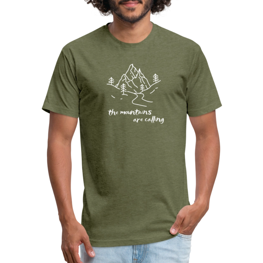 heather military green t-shirt featuring a hand-drawn mountain scene with the phrase "the mountains are calling" in white, perfect for outdoor adventurers and nature lovers

