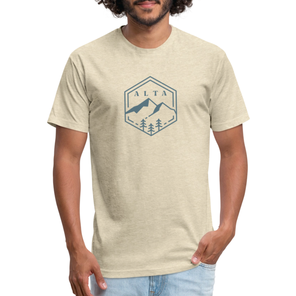 heather cream t-shirt with an Alta design featuring mountain peaks and pine trees in a hexagonal outline, ideal for outdoor lovers and hiking enthusiasts.