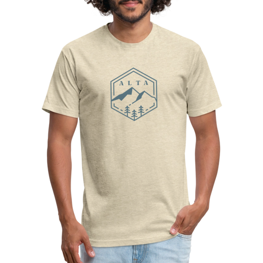 heather cream t-shirt with an Alta design featuring mountain peaks and pine trees in a hexagonal outline, ideal for outdoor lovers and hiking enthusiasts.