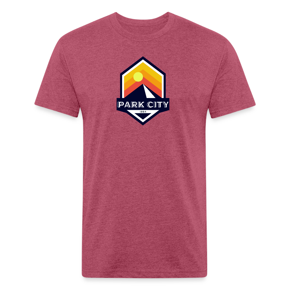 Park City T-shirt in heather cardinal featuring a retro-inspired logo with a sun and mountain design, and "PARK CITY" text, representing the outdoor adventure spirit of Timpanogos Hiking Co.
