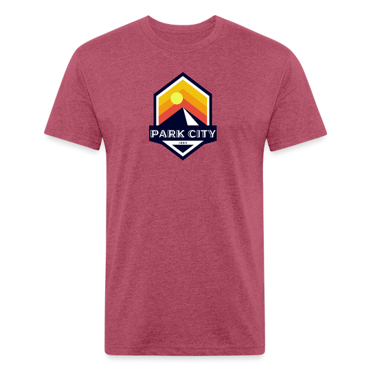 Park City T-shirt in heather cardinal featuring a retro-inspired logo with a sun and mountain design, and "PARK CITY" text, representing the outdoor adventure spirit of Timpanogos Hiking Co.
