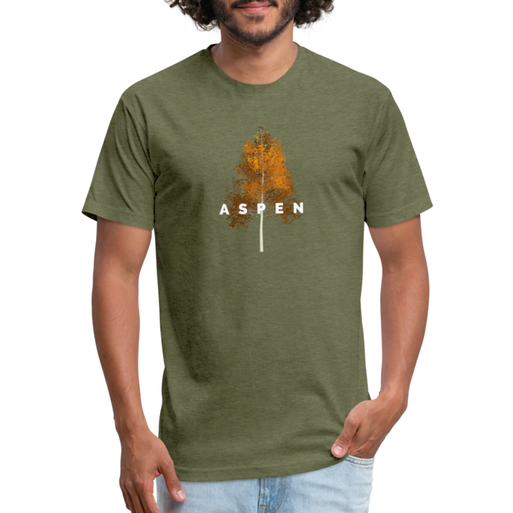 heather military green t-shirt featuring a minimalist Aspen tree graphic in orange and the word "ASPEN" underneath, perfect for nature lovers and outdoor enthusiasts

