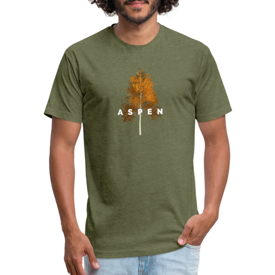 heather military green t-shirt featuring a minimalist Aspen tree graphic in orange and the word "ASPEN" underneath, perfect for nature lovers and outdoor enthusiasts

