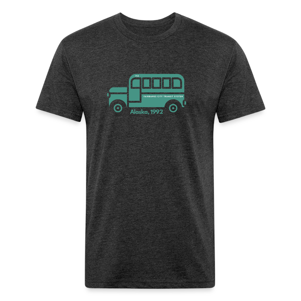 Heather black shirt showcasing a classic Fairbanks City Transit System bus design in green, with "Alaska, 1992" text, ideal for fans of retro transportation and outdoor adventures or "into the wild" by john krakauer