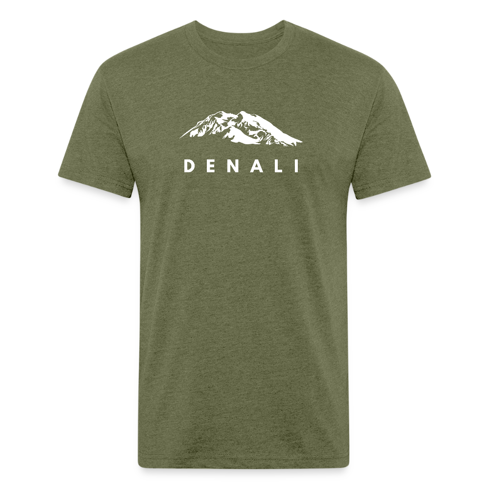 Heather olive Denali mountain graphic t-shirt by Timpanogos Hiking Co., minimalist outdoor apparel celebrating Alaska’s highest peak — unisex fit ideal for hikers and explorers.
