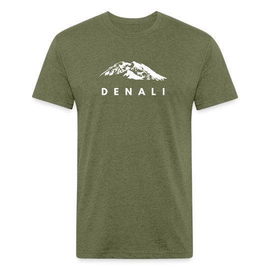 Heather olive Denali mountain graphic t-shirt by Timpanogos Hiking Co., minimalist outdoor apparel celebrating Alaska’s highest peak — unisex fit ideal for hikers and explorers.