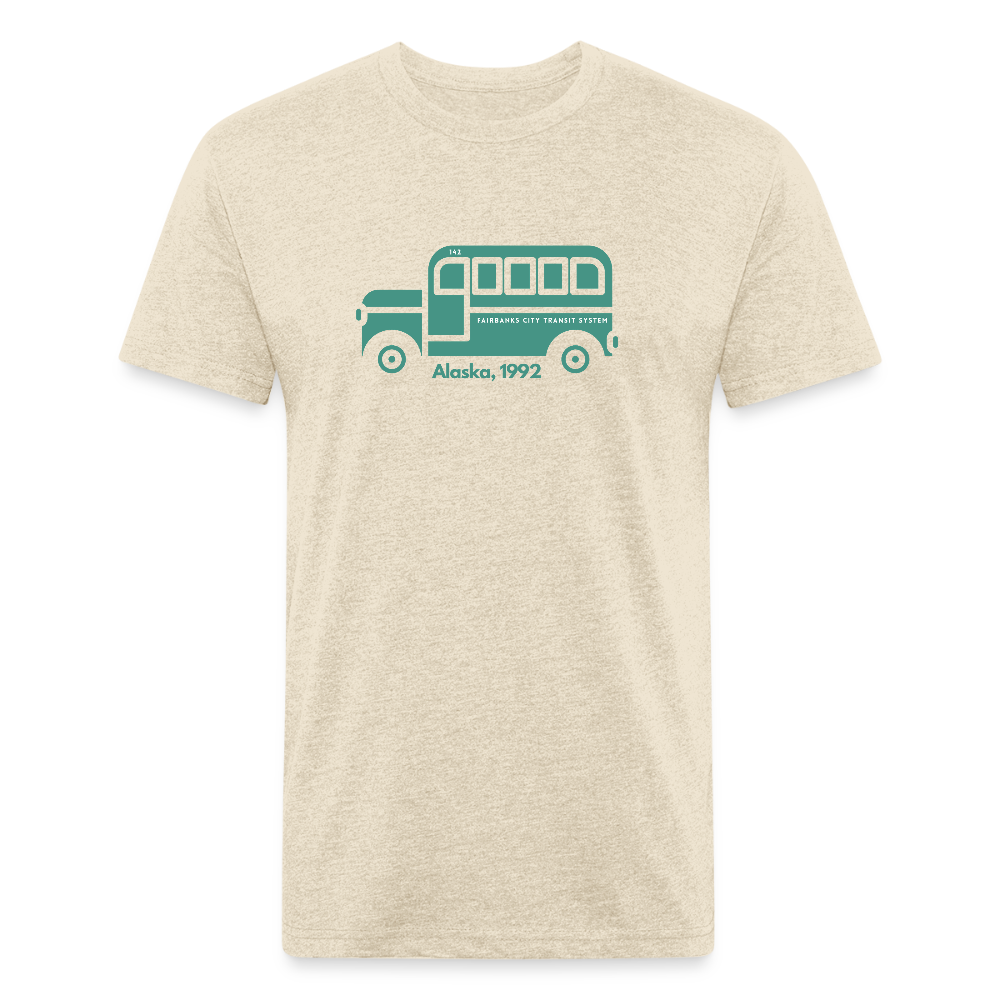 Heather Cream shirt with a retro Fairbanks City Transit System bus design in green, printed with "Alaska, 1992" text, ideal for travel-inspired, vintage style seekers
