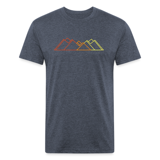 Heather navy t-shirt featuring a minimalist mountain line graphic in gradient sunset tones—red, orange, and yellow—perfect for outdoor enthusiasts and lovers of modern trail style.