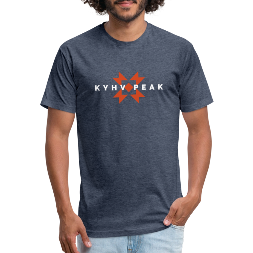 Heather Navy t-shirt featuring a bold "KYHV PEAK" graphic with orange geometric elements, perfect for those who love mountain-inspired designs

