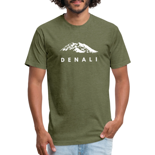 Man wearing a heather olive Denali graphic t-shirt from Timpanogos Hiking Co., featuring a bold mountain design inspired by Alaska’s tallest peak — rugged unisex apparel for outdoor adventurers.