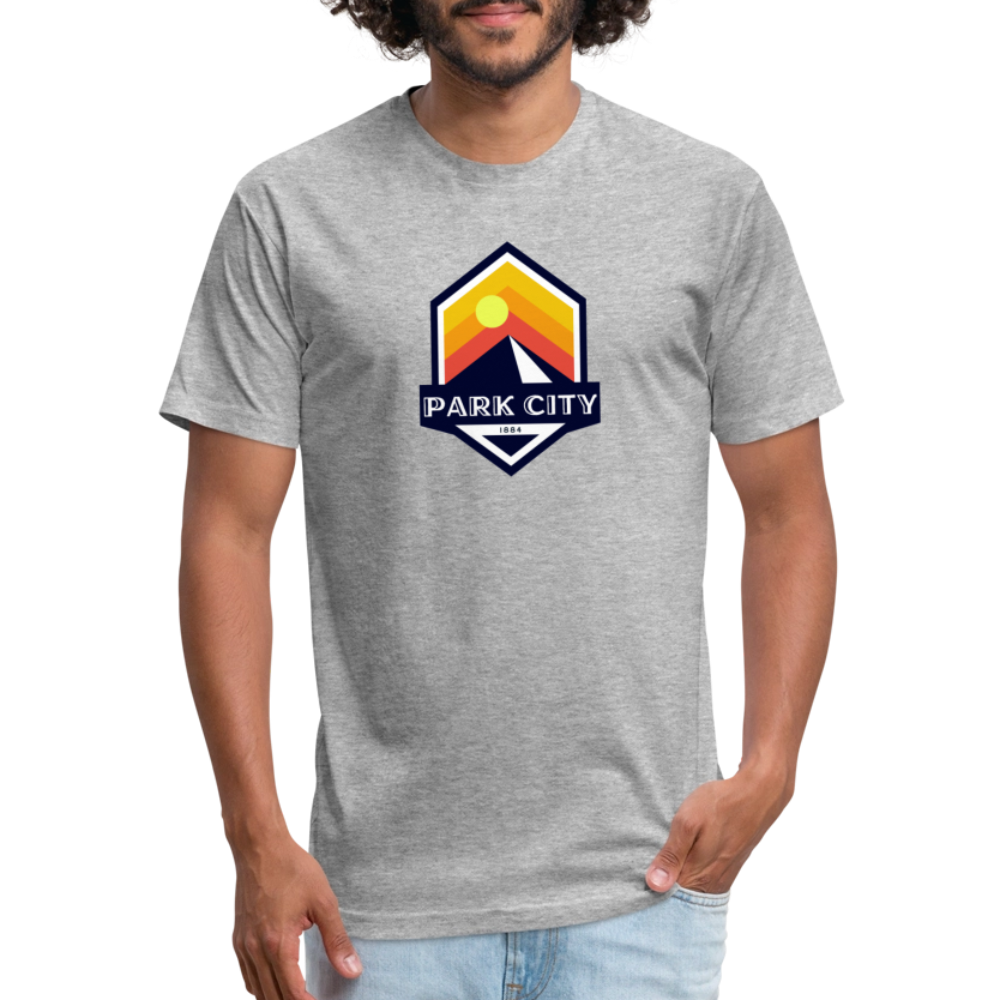 Park City T-shirt in heather gray featuring a retro-inspired logo with a sun and mountain design, and "PARK CITY" text, representing the outdoor adventure spirit of Timpanogos Hiking Co.
