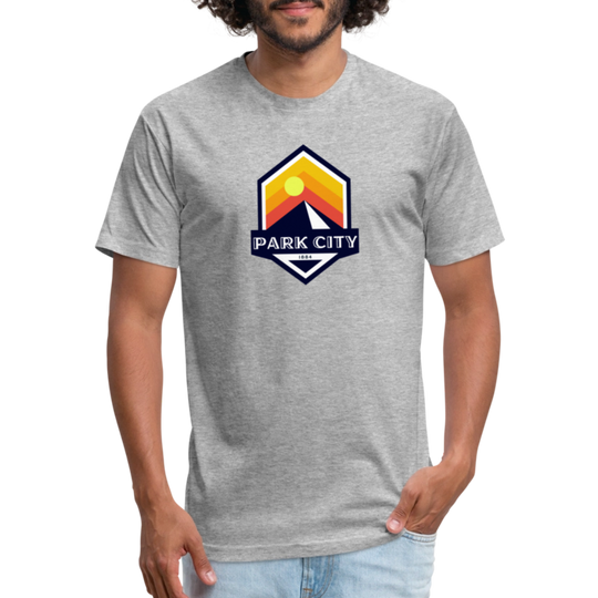 Park City T-shirt in heather gray featuring a retro-inspired logo with a sun and mountain design, and "PARK CITY" text, representing the outdoor adventure spirit of Timpanogos Hiking Co.
