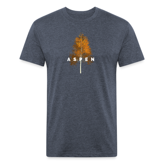 heather navy t-shirt featuring a minimalist Aspen tree graphic in orange and the word "ASPEN" underneath, perfect for nature lovers and outdoor enthusiasts

