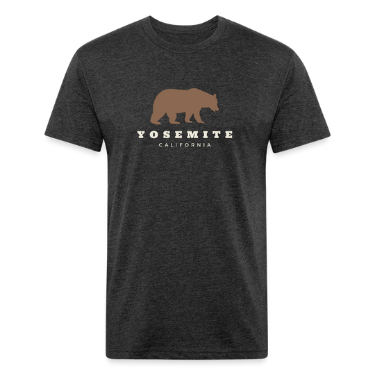 heather black t-shirt featuring a brown bear graphic and the words "YOSEMITE CALIFORNIA" in vintage-style font, perfect for outdoor adventures in Yosemite National Park

