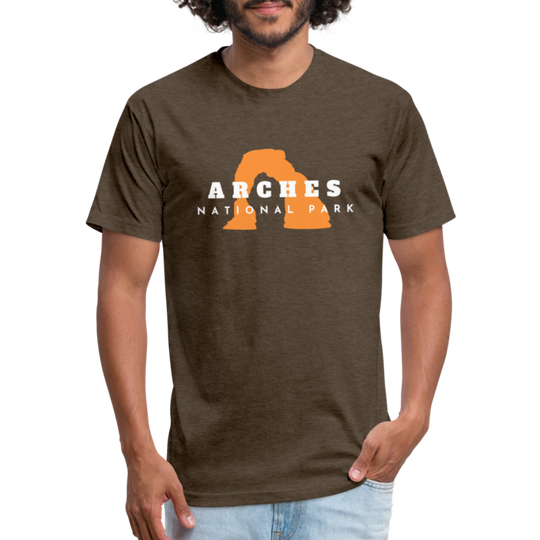 heather espresso t-shirt featuring a bold orange graphic of Delicate Arch, with "Arches National Park" text in white for outdoor adventure lovers, and those who love national parks.