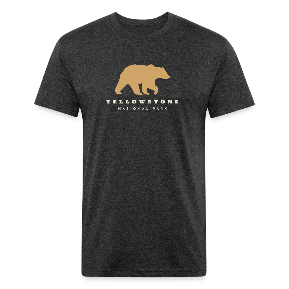 heather black t-shirt featuring a gold bear graphic and the words "YELLOWSTONE NATIONAL PARK," perfect for visitors and explorers of Yellowstone’s iconic landscapes

