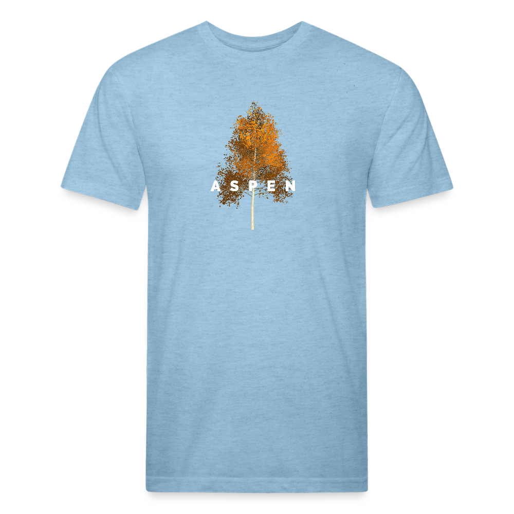 Heather Blue t-shirt featuring a minimalist Aspen tree graphic in orange and the word "ASPEN" underneath, perfect for nature lovers and outdoor enthusiasts


