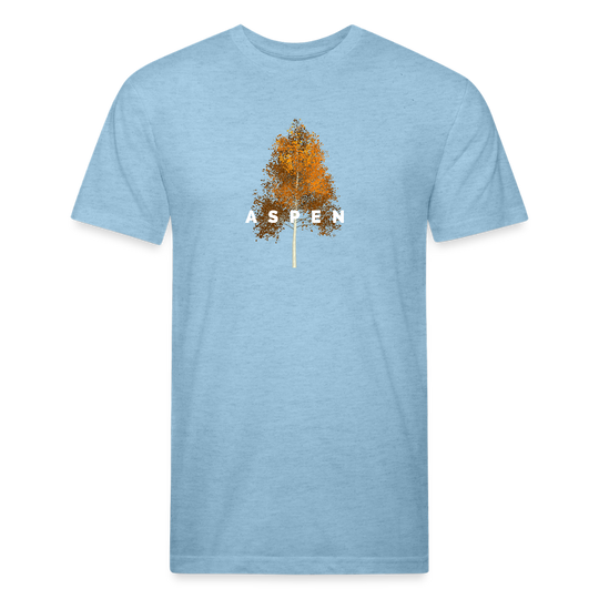 Heather Blue t-shirt featuring a minimalist Aspen tree graphic in orange and the word "ASPEN" underneath, perfect for nature lovers and outdoor enthusiasts

