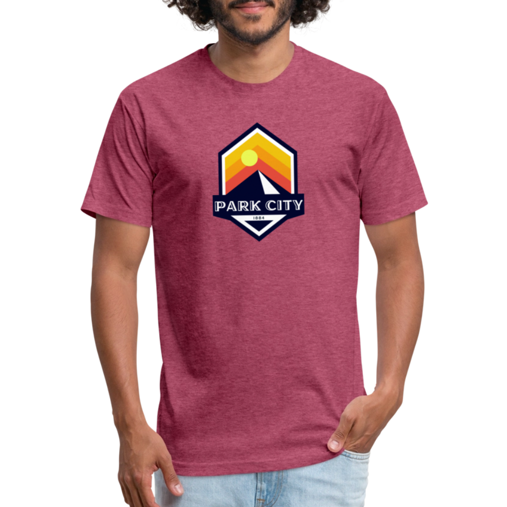 Park City T-shirt in heather cardinal featuring a retro-inspired logo with a sun and mountain design, and "PARK CITY" text, representing the outdoor adventure spirit of Timpanogos Hiking Co.

