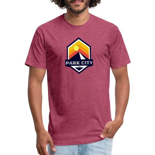 Park City T-shirt in heather cardinal featuring a retro-inspired logo with a sun and mountain design, and "PARK CITY" text, representing the outdoor adventure spirit of Timpanogos Hiking Co.

