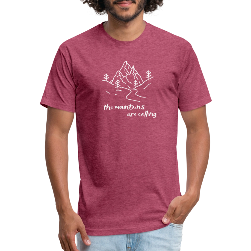 heather burgundy t-shirt featuring a hand-drawn mountain scene with the phrase "the mountains are calling" in white, perfect for outdoor adventurers and nature lovers

