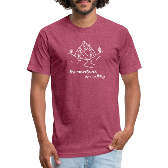 heather burgundy t-shirt featuring a hand-drawn mountain scene with the phrase "the mountains are calling" in white, perfect for outdoor adventurers and nature lovers

