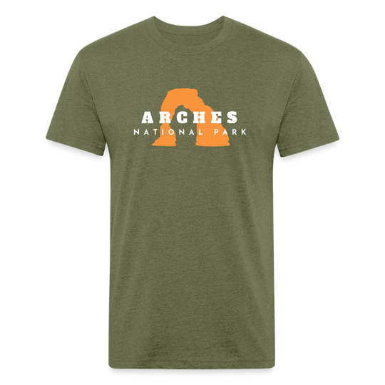 heather military green t-shirt featuring a bold orange graphic of Delicate Arch, with "Arches National Park" text in white for outdoor adventure lovers, and those who love national parks.