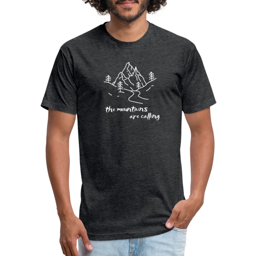 heather black t-shirt featuring a hand-drawn mountain scene with the phrase "the mountains are calling" in white, perfect for outdoor adventurers and nature lovers

