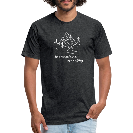 heather black t-shirt featuring a hand-drawn mountain scene with the phrase "the mountains are calling" in white, perfect for outdoor adventurers and nature lovers

