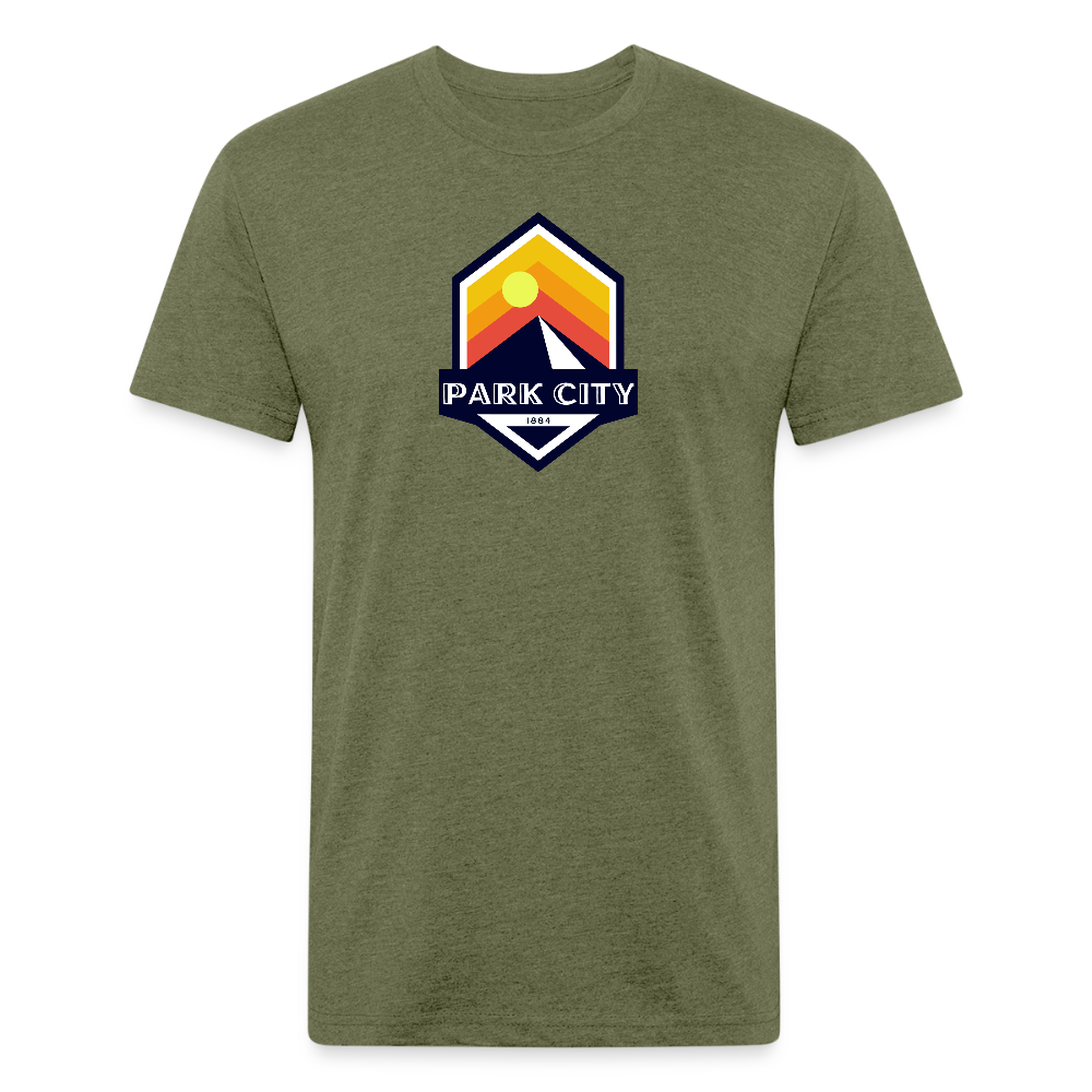Park City T-shirt in heather military green featuring a retro-inspired logo with a sun and mountain design, and "PARK CITY" text, representing the outdoor adventure spirit of Timpanogos Hiking Co.

