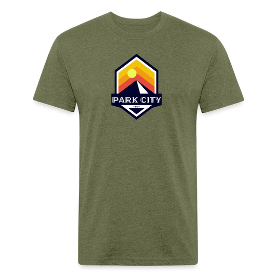 Park City T-shirt in heather military green featuring a retro-inspired logo with a sun and mountain design, and "PARK CITY" text, representing the outdoor adventure spirit of Timpanogos Hiking Co.

