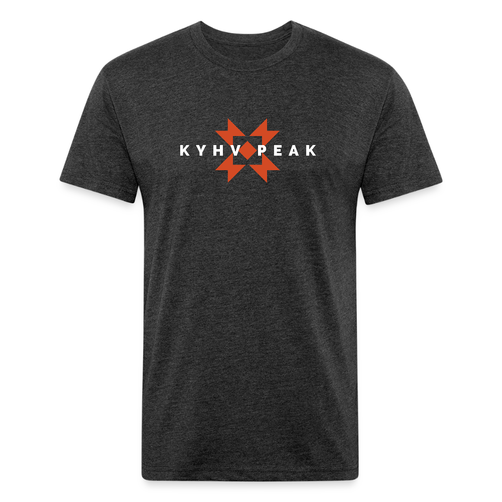 heather black t-shirt featuring a bold "KYHV PEAK" graphic with orange geometric elements, perfect for those who love mountain-inspired designs

