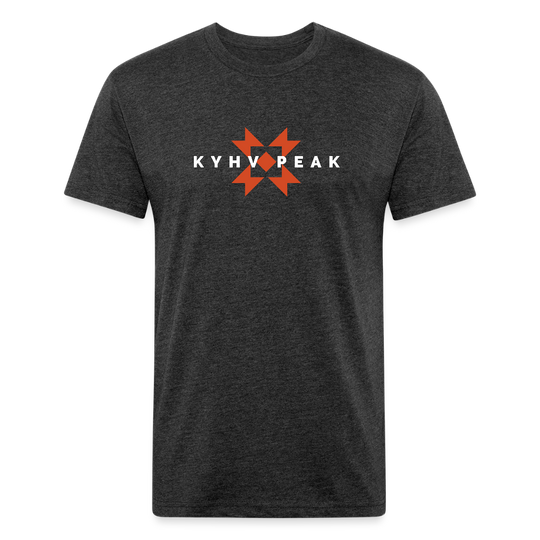 heather black t-shirt featuring a bold "KYHV PEAK" graphic with orange geometric elements, perfect for those who love mountain-inspired designs

