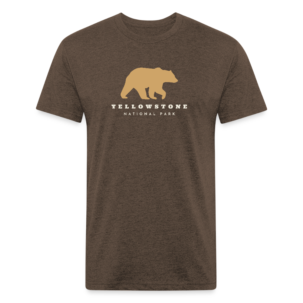 heather espresso t-shirt featuring a gold bear graphic and the words "YELLOWSTONE NATIONAL PARK," perfect for visitors and explorers of Yellowstone’s iconic landscapes

