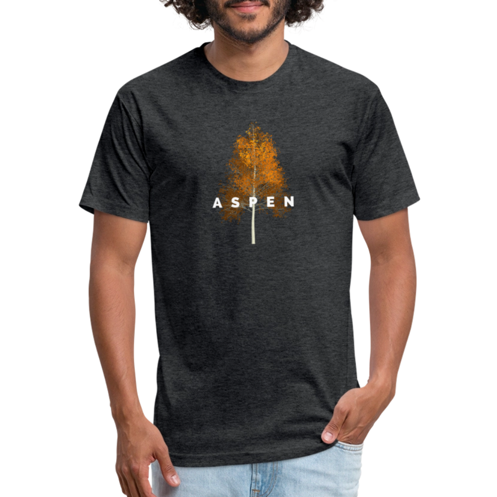 heather black t-shirt featuring a minimalist Aspen tree graphic in orange and the word "ASPEN" underneath, perfect for nature lovers and outdoor enthusiasts

