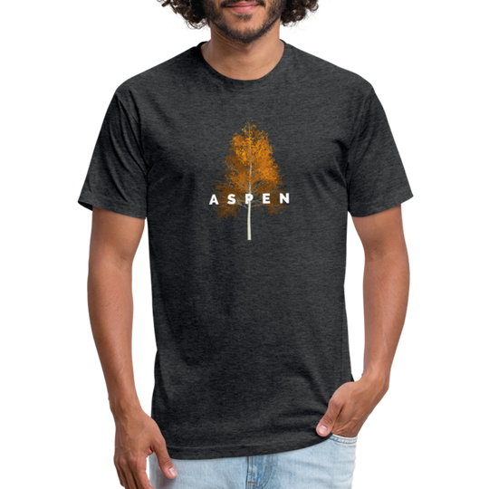 heather black t-shirt featuring a minimalist Aspen tree graphic in orange and the word "ASPEN" underneath, perfect for nature lovers and outdoor enthusiasts

