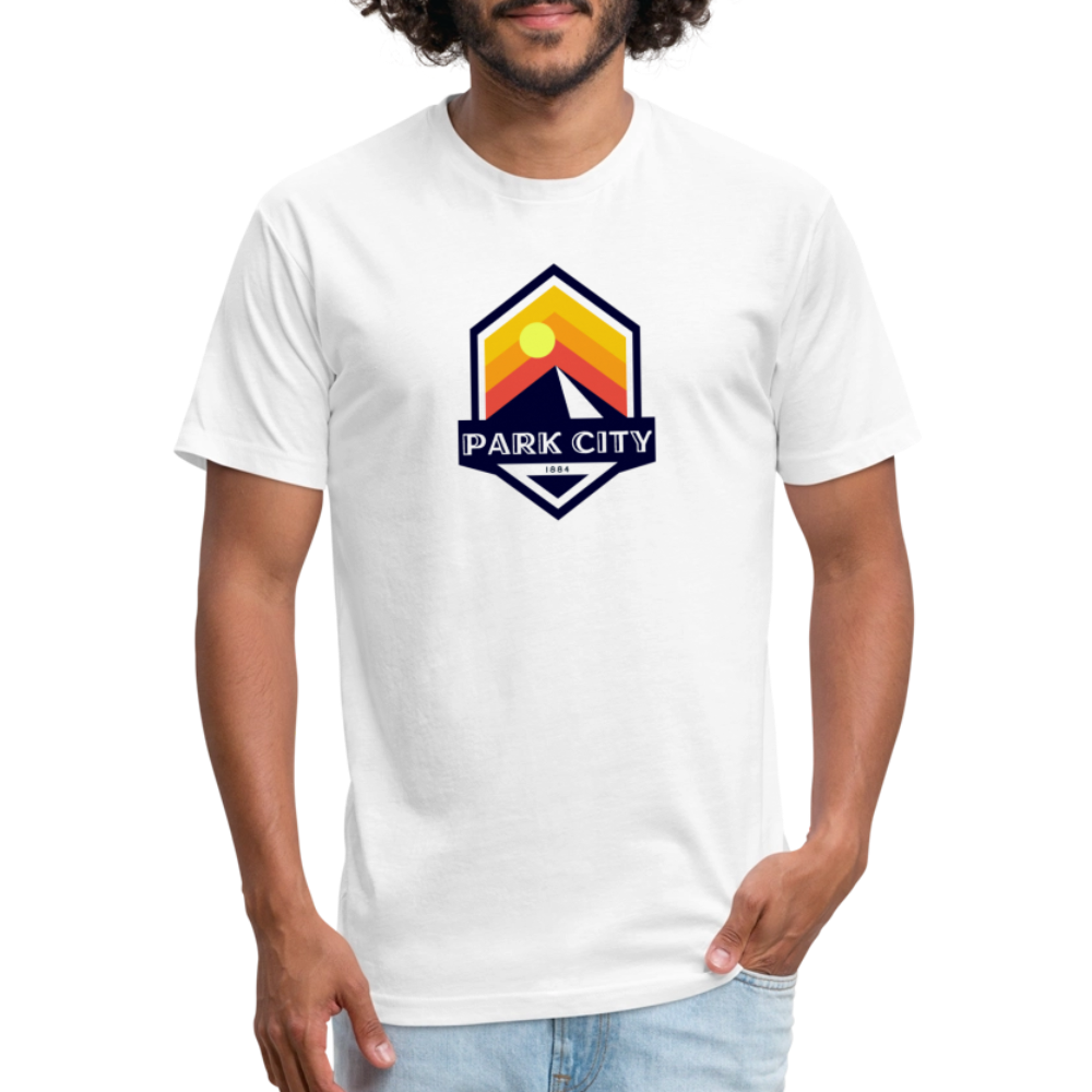 Park City T-shirt in white featuring a retro-inspired logo with a sun and mountain design, and "PARK CITY" text, representing the outdoor adventure spirit of Timpanogos Hiking Co.

