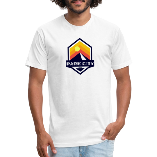 Park City T-shirt in white featuring a retro-inspired logo with a sun and mountain design, and "PARK CITY" text, representing the outdoor adventure spirit of Timpanogos Hiking Co.

