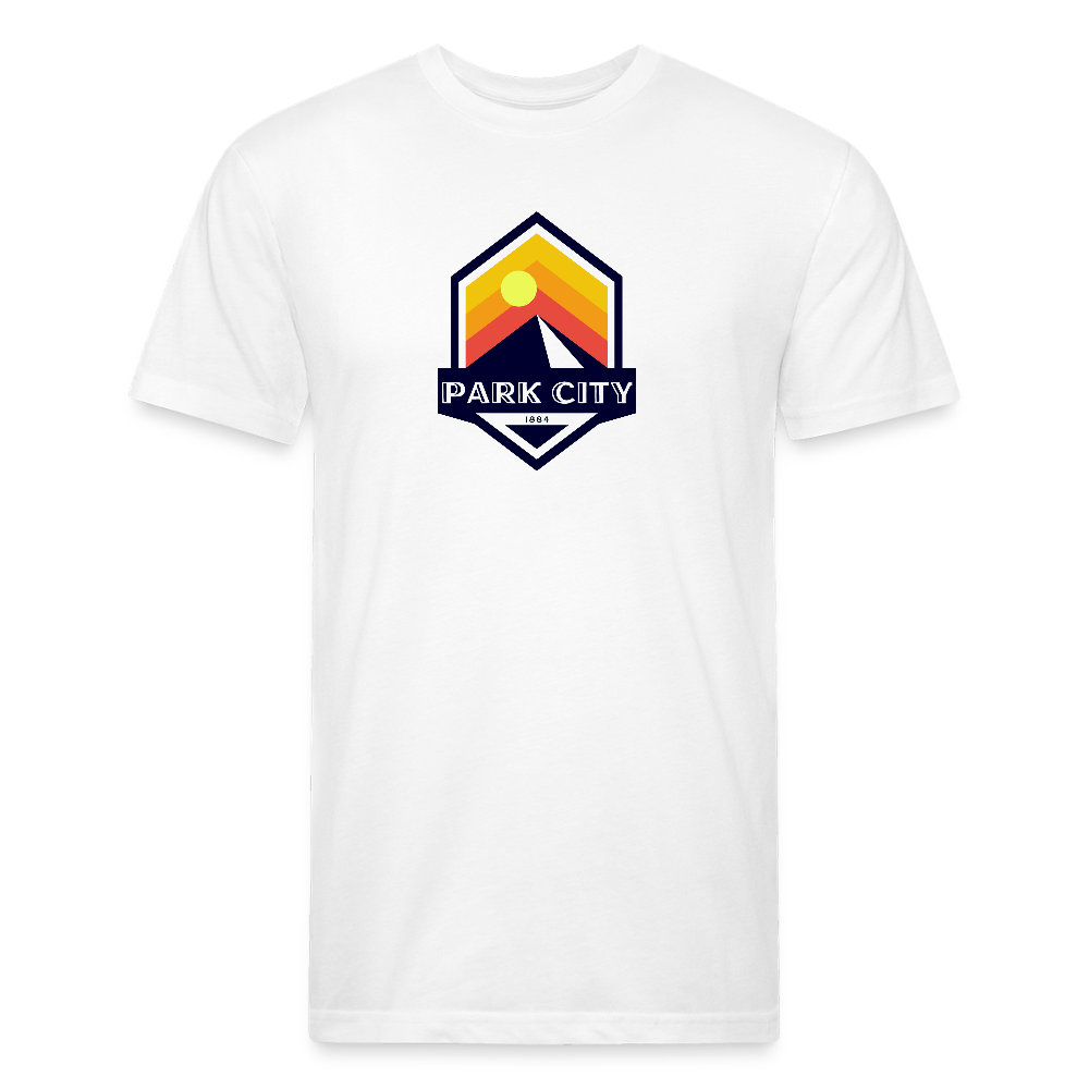 Park City T-shirt in white featuring a retro-inspired logo with a sun and mountain design, and "PARK CITY" text, representing the outdoor adventure spirit of Timpanogos Hiking Co.

