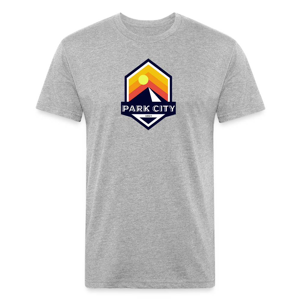 Park City T-shirt in heather gray featuring a retro-inspired logo with a sun and mountain design, and "PARK CITY" text, representing the outdoor adventure spirit of Timpanogos Hiking Co.
