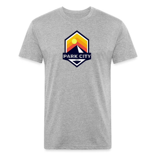 Park City T-shirt in heather gray featuring a retro-inspired logo with a sun and mountain design, and "PARK CITY" text, representing the outdoor adventure spirit of Timpanogos Hiking Co.
