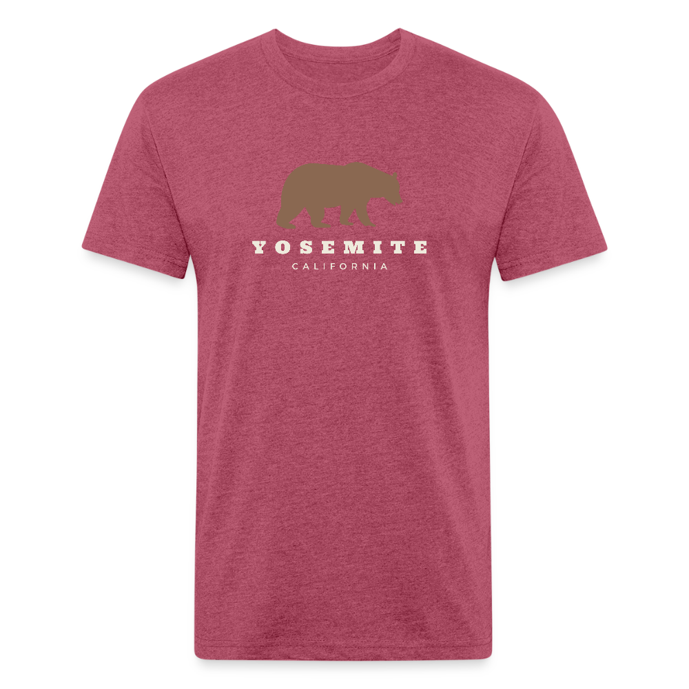 heather burgundy t-shirt featuring a brown bear graphic and the words "YOSEMITE CALIFORNIA" in vintage-style font, perfect for outdoor adventures in Yosemite National Park

