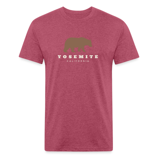 heather burgundy t-shirt featuring a brown bear graphic and the words "YOSEMITE CALIFORNIA" in vintage-style font, perfect for outdoor adventures in Yosemite National Park

