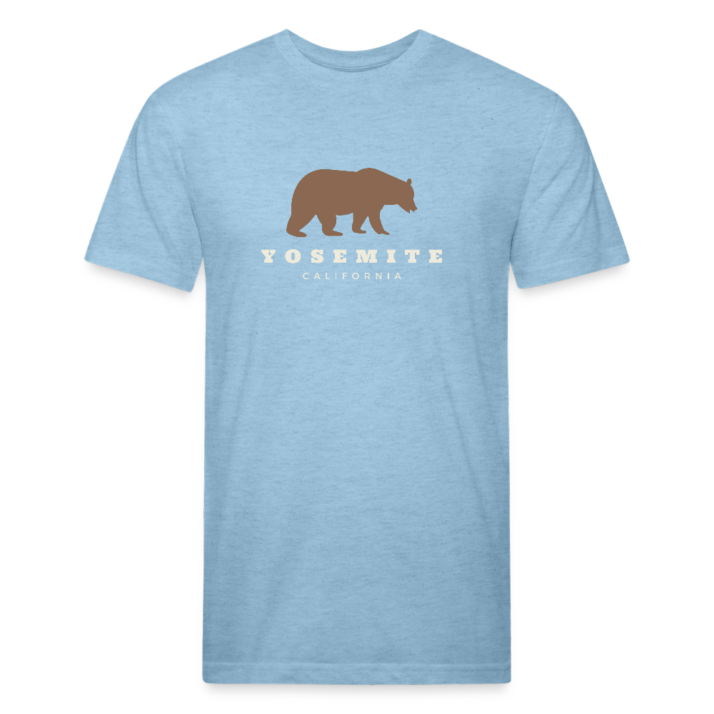 Heather Blue t-shirt featuring a brown bear graphic and the words "YOSEMITE CALIFORNIA" in vintage-style font, perfect for outdoor adventures in Yosemite National Park
