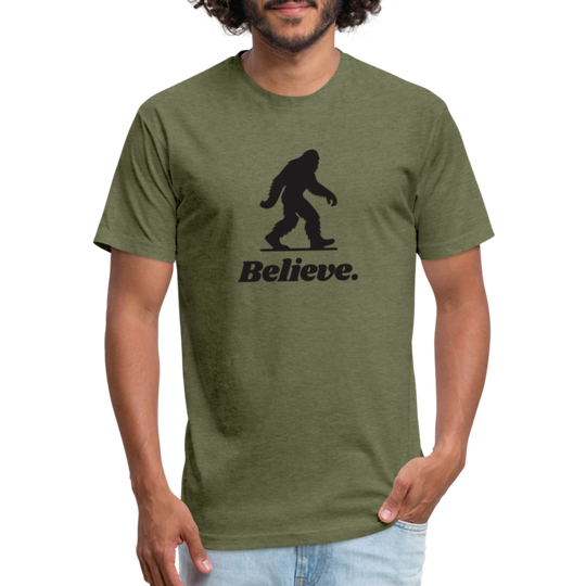 Man wearing a heather olive green “Believe” Sasquatch t-shirt from Timpanogos Hiking Co., unisex graphic tee for cryptid lovers, hikers, and believers in the unexplained.