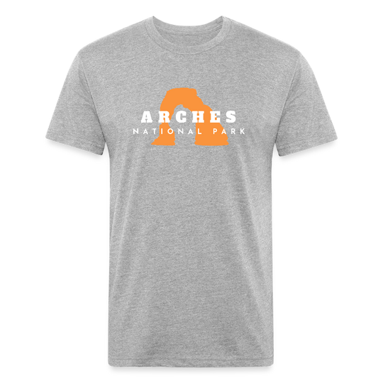 heather gray t-shirt featuring a bold orange graphic of Delicate Arch, with "Arches National Park" text in white for outdoor adventure lovers, and those who love national parks.
