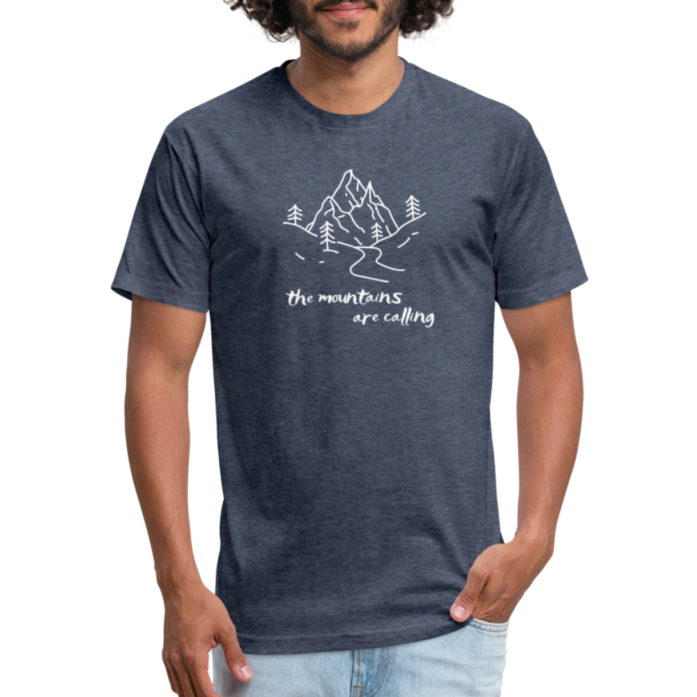 Heather Navy t-shirt featuring a hand-drawn mountain scene with the phrase "the mountains are calling" in white, perfect for outdoor adventurers and nature lovers

